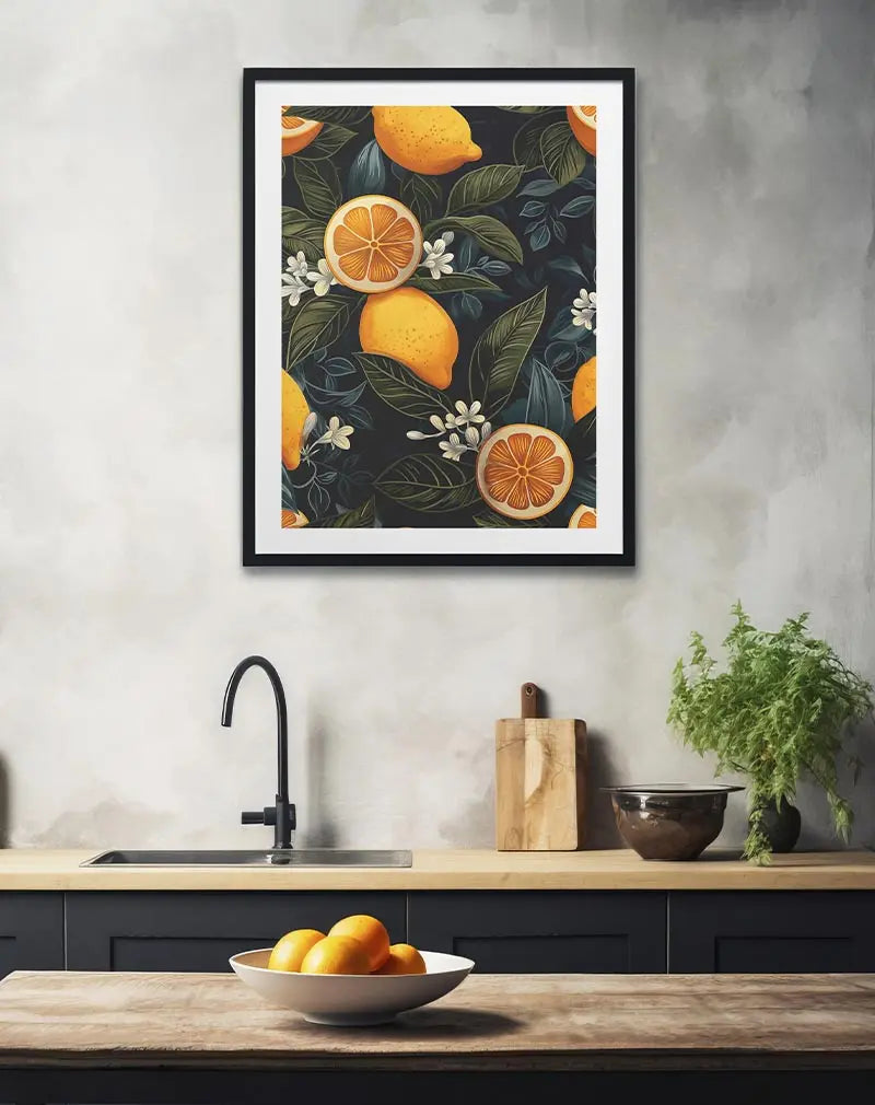 A vibrant illustration of lemons and blossoms on a dark background. Perfect wall art for brightening up kitchens or dining areas with a fresh, lively touch