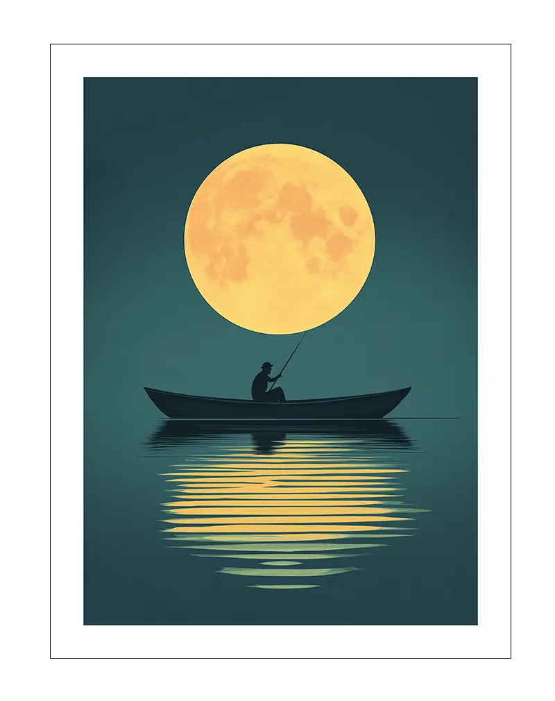 A peaceful illustration of a person fishing under a large glowing moon. The reflection of the moon in the water creates a calming effect. Perfect wall art for adding a tranquil and serene atmosphere to any room