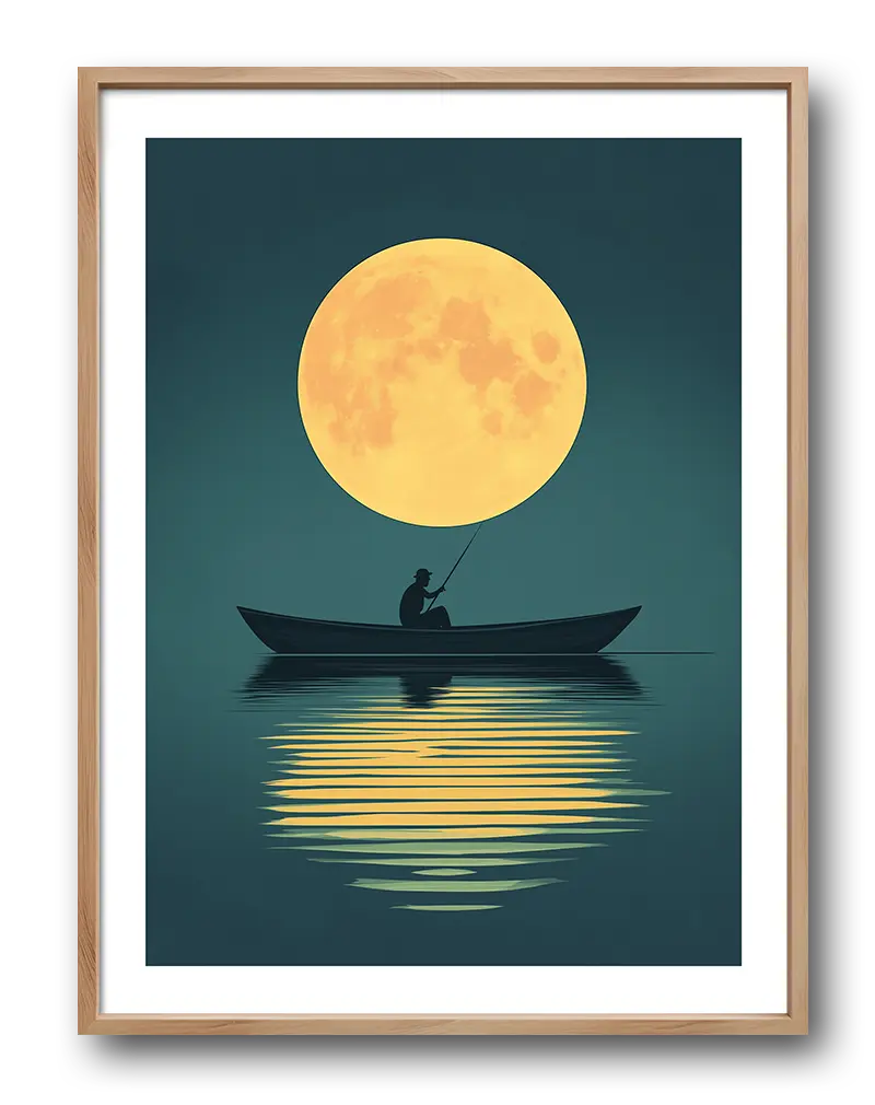 A peaceful illustration of a person fishing under a large glowing moon. The reflection of the moon in the water creates a calming effect. Perfect wall art for adding a tranquil and serene atmosphere to any room