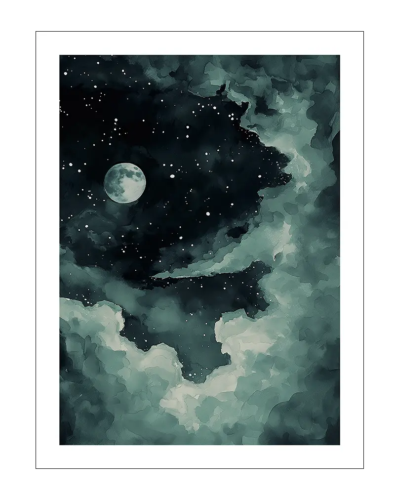 A captivating illustration of a starry night sky with a glowing full moon surrounded by soft clouds. The contrast between the dark sky and bright moon creates a magical atmosphere. Perfect wall art for adding a dreamy and tranquil vibe to any space