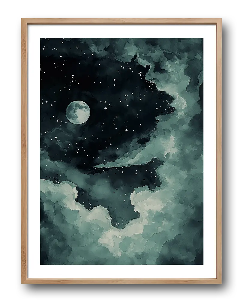 A captivating illustration of a starry night sky with a glowing full moon surrounded by soft clouds. The contrast between the dark sky and bright moon creates a magical atmosphere. Perfect wall art for adding a dreamy and tranquil vibe to any space