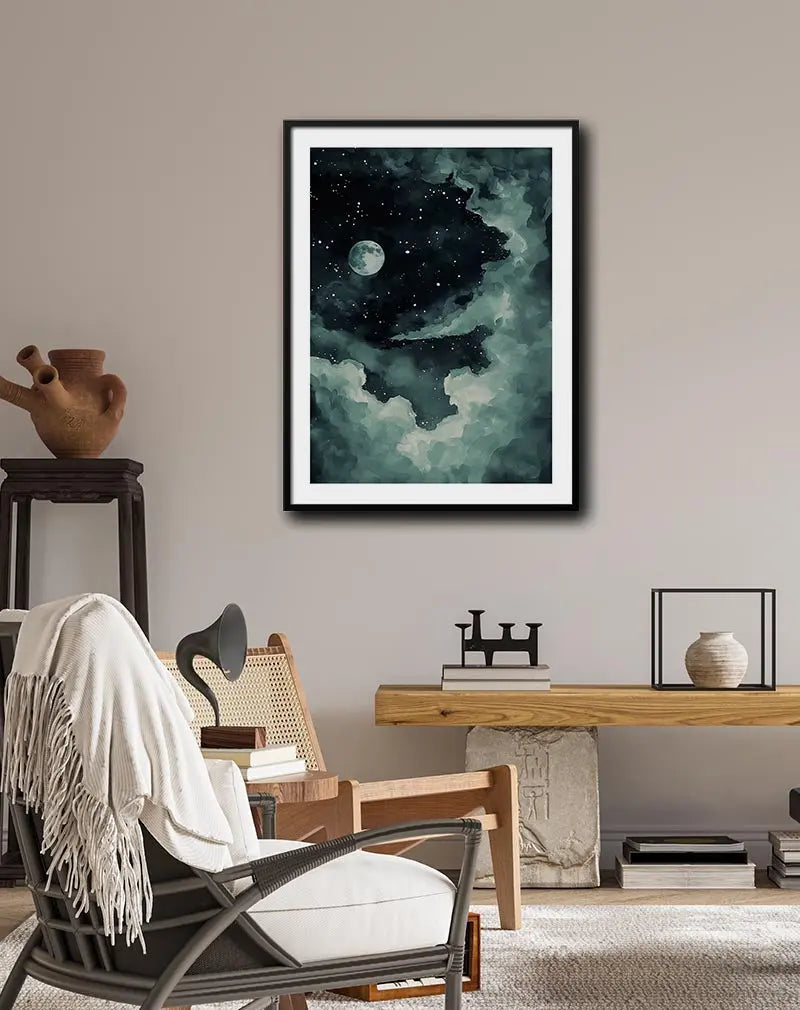 A captivating illustration of a starry night sky with a glowing full moon surrounded by soft clouds. The contrast between the dark sky and bright moon creates a magical atmosphere. Perfect wall art for adding a dreamy and tranquil vibe to any space