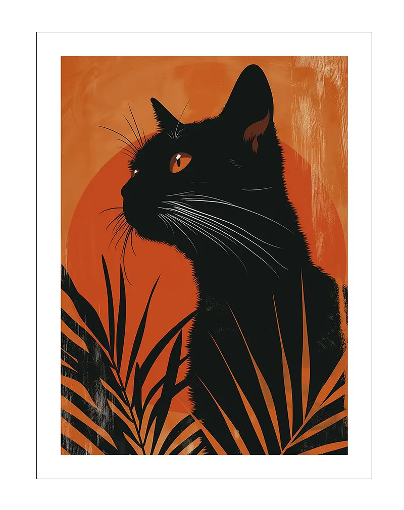 A striking illustration of a black cat silhouetted against a bold orange background with tropical leaves. The contrast between the dark cat and vibrant orange gives this wall art a mysterious and exotic feel. Perfect poster for adding a touch of elegance and intrigue to any space