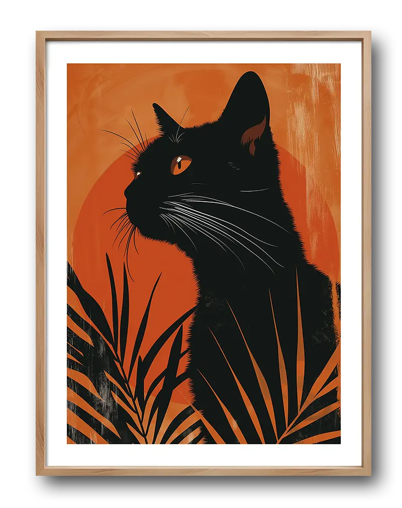 A striking illustration of a black cat silhouetted against a bold orange background with tropical leaves. The contrast between the dark cat and vibrant orange gives this wall art a mysterious and exotic feel. Perfect poster for adding a touch of elegance and intrigue to any space