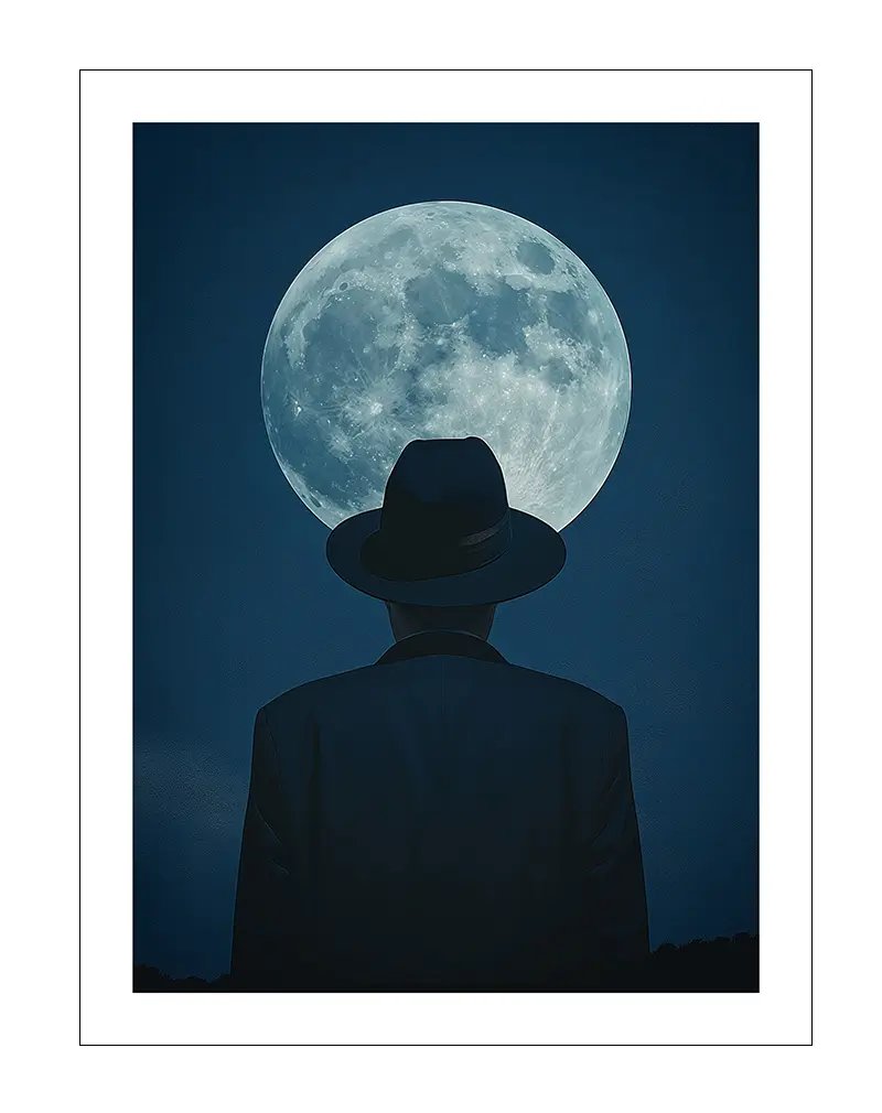 A mysterious illustration of a man in a hat gazing at a massive full moon in a dark blue sky. The silhouette of the figure creates a captivating atmosphere in this wall art. Perfect poster for adding a touch of intrigue and cinematic flair to any space