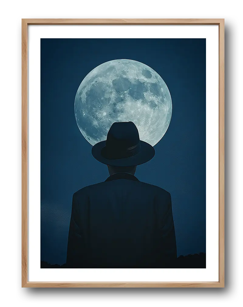 A mysterious illustration of a man in a hat gazing at a massive full moon in a dark blue sky. The silhouette of the figure creates a captivating atmosphere in this wall art. Perfect poster for adding a touch of intrigue and cinematic flair to any space