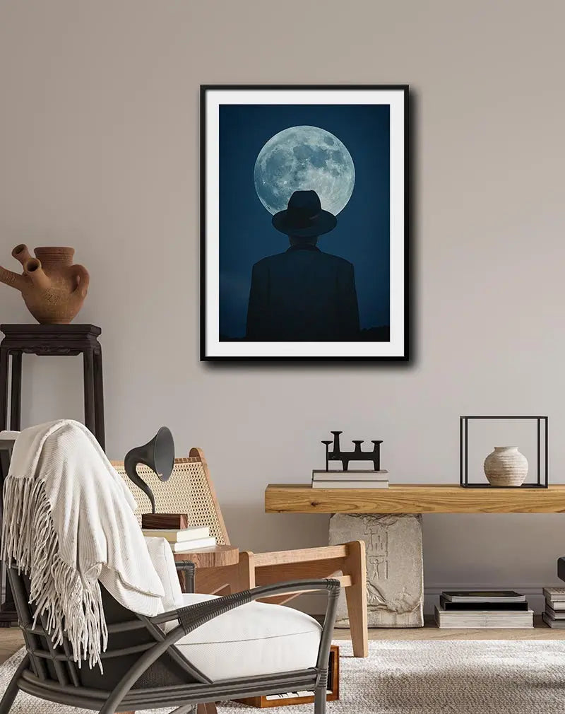 A mysterious illustration of a man in a hat gazing at a massive full moon in a dark blue sky. The silhouette of the figure creates a captivating atmosphere in this wall art. Perfect poster for adding a touch of intrigue and cinematic flair to any space