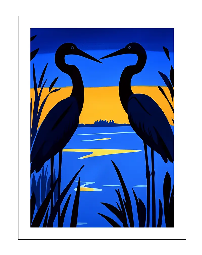 A serene illustration of two herons standing near the water at sunset, set against a vibrant blue and orange sky. This peaceful wall art evokes the beauty of nature. Perfect poster for adding tranquility and harmony to your living space