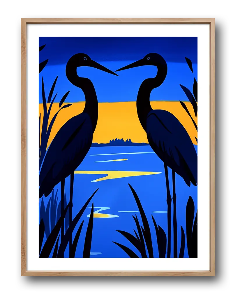 A serene illustration of two herons standing near the water at sunset, set against a vibrant blue and orange sky. This peaceful wall art evokes the beauty of nature. Perfect poster for adding tranquility and harmony to your living space