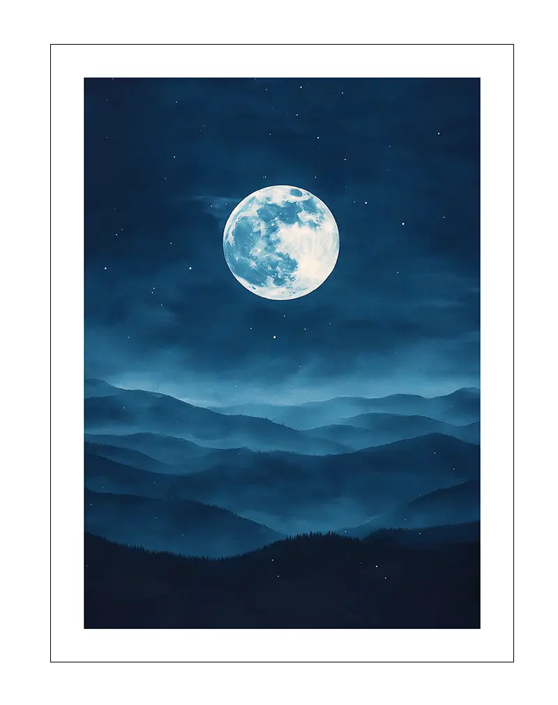 A serene illustration of a full moon over misty mountains, with a deep blue sky and scattered stars. Perfect wall art for tranquil home decor.