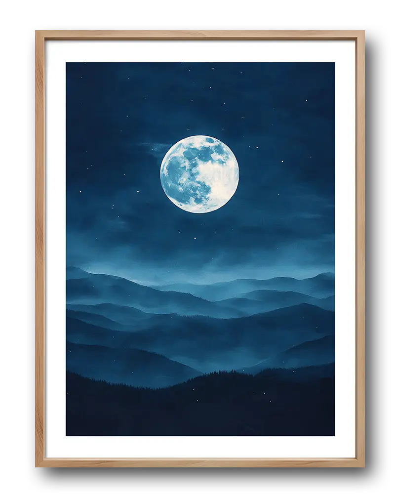 A serene illustration of a full moon over misty mountains, with a deep blue sky and scattered stars. Perfect wall art for tranquil home decor.