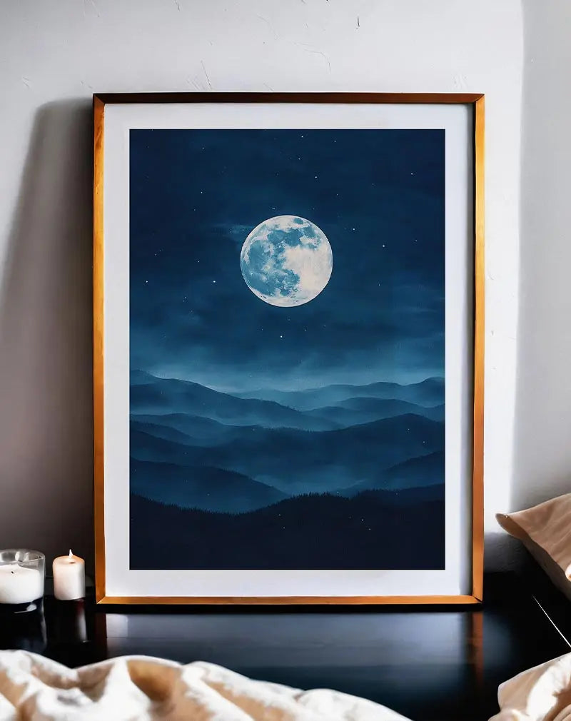 A serene illustration of a full moon over misty mountains, with a deep blue sky and scattered stars. Perfect wall art for tranquil home decor.