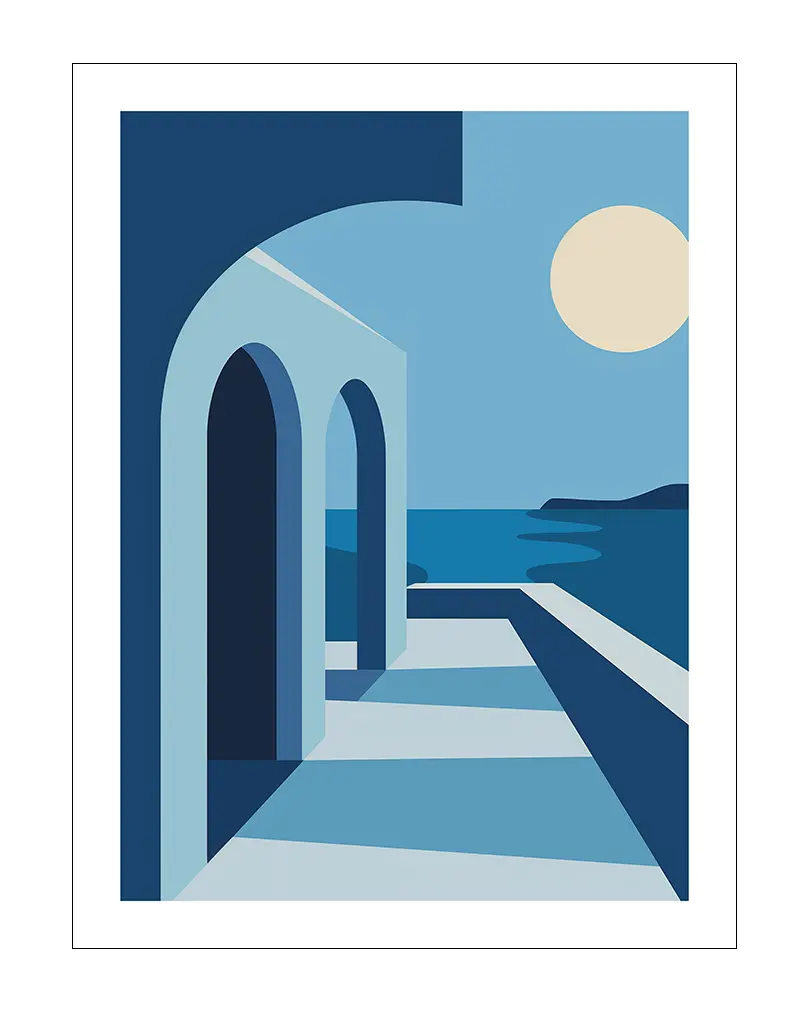 A minimalist illustration of Mediterranean architecture with arches overlooking a serene ocean, bathed in the soft glow of the setting sun. This calming wall art adds a sense of elegance and tranquility. Perfect poster for creating a peaceful ambiance in any room