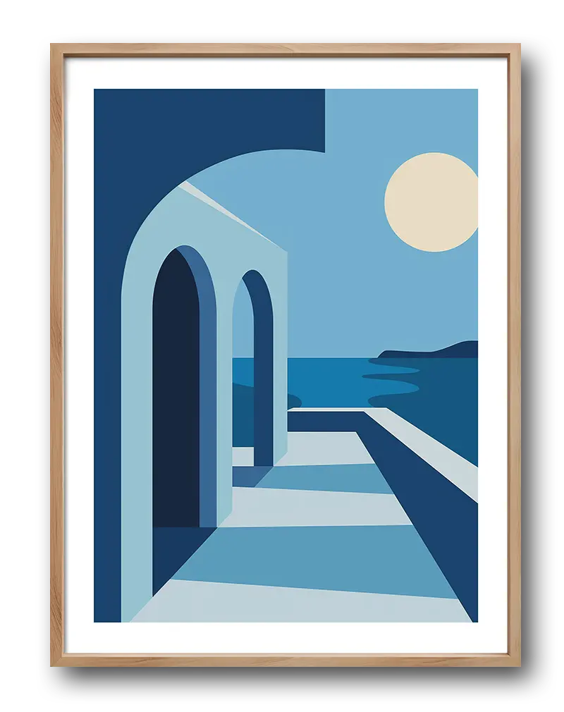 A minimalist illustration of Mediterranean architecture with arches overlooking a serene ocean, bathed in the soft glow of the setting sun. This calming wall art adds a sense of elegance and tranquility. Perfect poster for creating a peaceful ambiance in any room