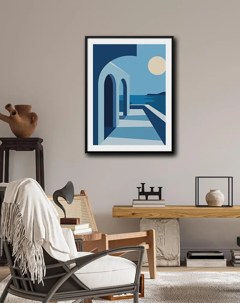 A minimalist illustration of Mediterranean architecture with arches overlooking a serene ocean, bathed in the soft glow of the setting sun. This calming wall art adds a sense of elegance and tranquility. Perfect poster for creating a peaceful ambiance in any room