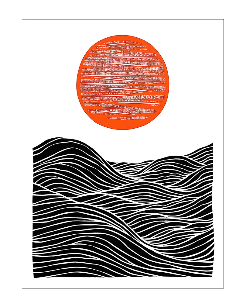 A striking abstract illustration featuring black wavy lines symbolizing waves beneath a bold orange sun. This modern wall art combines simplicity and contrast to create a dynamic visual effect. Perfect poster for adding a contemporary touch to your space