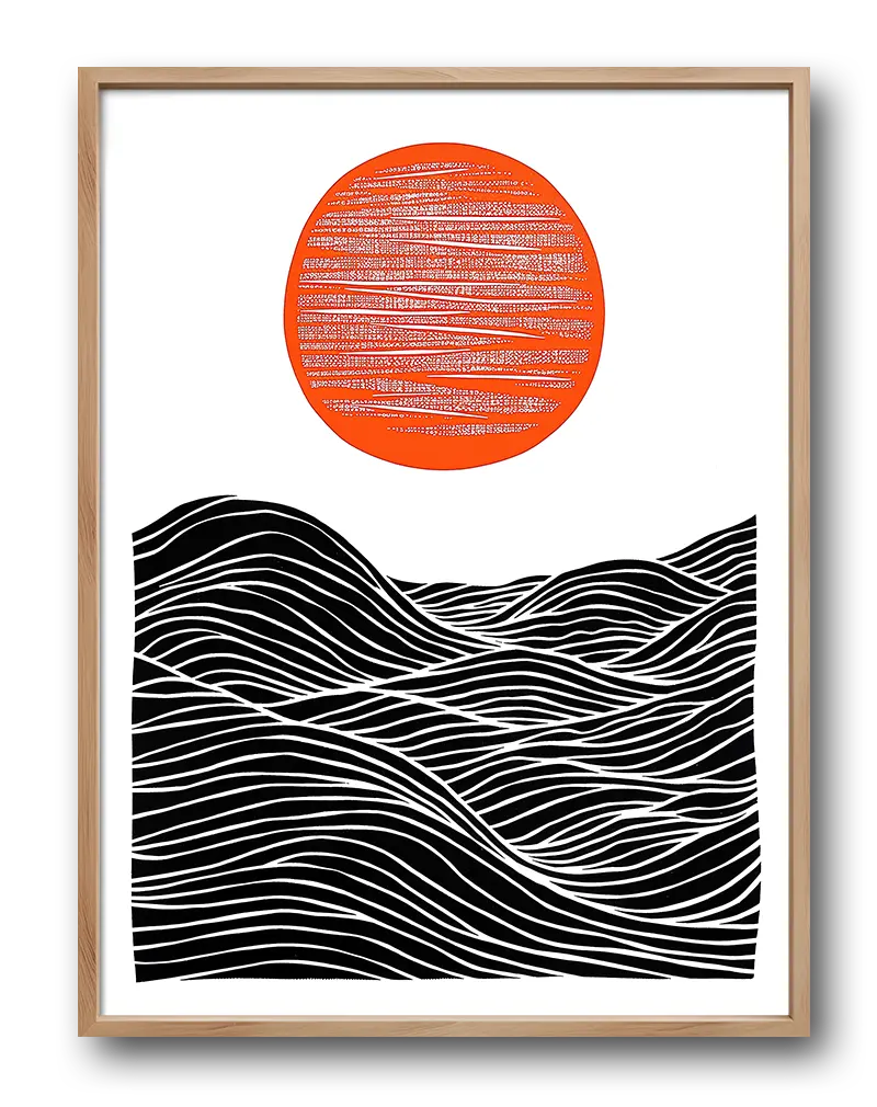 A striking abstract illustration featuring black wavy lines symbolizing waves beneath a bold orange sun. This modern wall art combines simplicity and contrast to create a dynamic visual effect. Perfect poster for adding a contemporary touch to your space