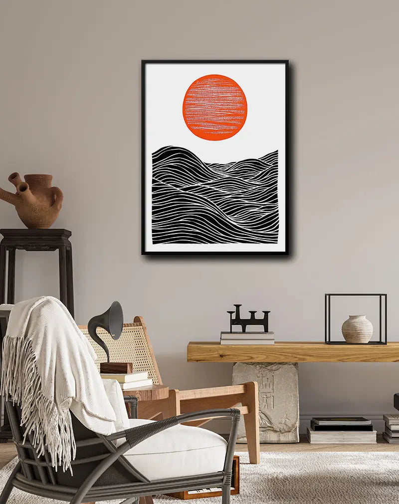 A striking abstract illustration featuring black wavy lines symbolizing waves beneath a bold orange sun. This modern wall art combines simplicity and contrast to create a dynamic visual effect. Perfect poster for adding a contemporary touch to your space