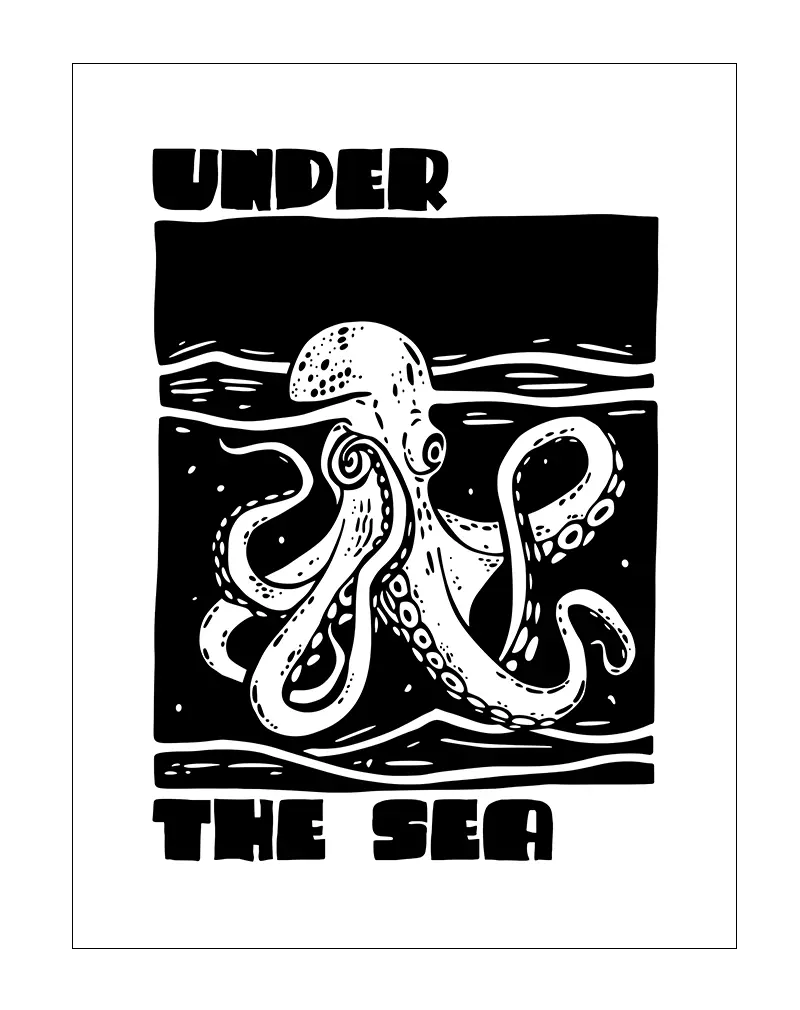 A bold black-and-white illustration of an octopus with the words "Under the Sea" framing the artwork. Perfect wall art for adding a touch of adventure and marine life to any space, ideal for ocean-themed rooms or creative areas