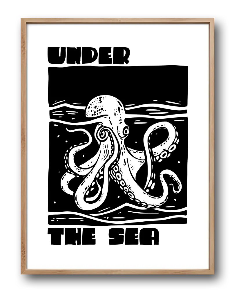 A bold black-and-white illustration of an octopus with the words "Under the Sea" framing the artwork. Perfect wall art for adding a touch of adventure and marine life to any space, ideal for ocean-themed rooms or creative areas