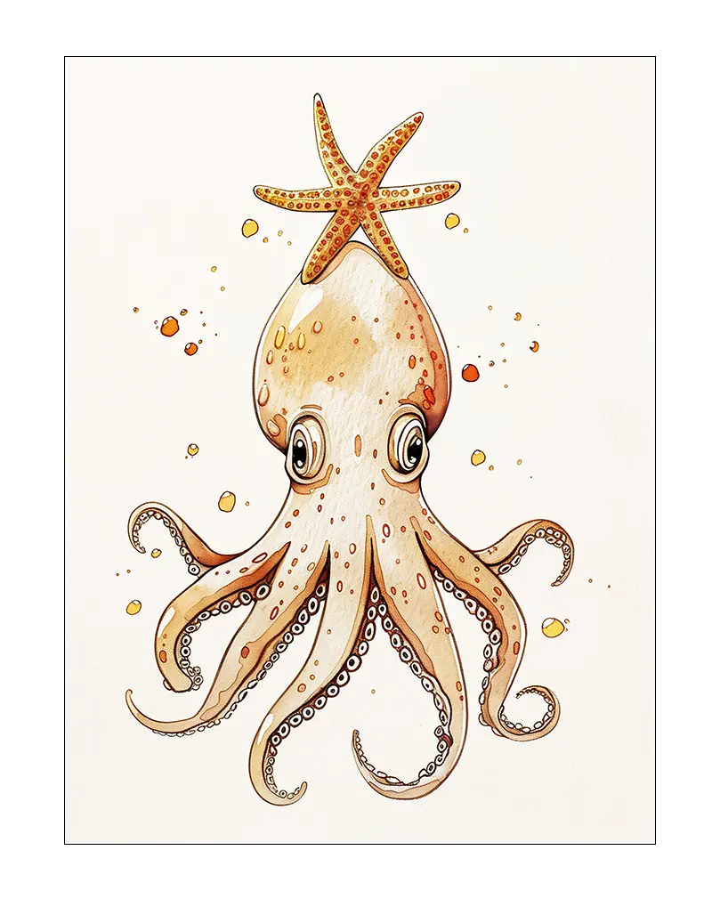 A whimsical illustration of a cute octopus with a starfish on its head, surrounded by playful bubbles. This charming wall art is ideal for a fun and lively atmosphere, especially in kids' rooms or nautical-themed spaces