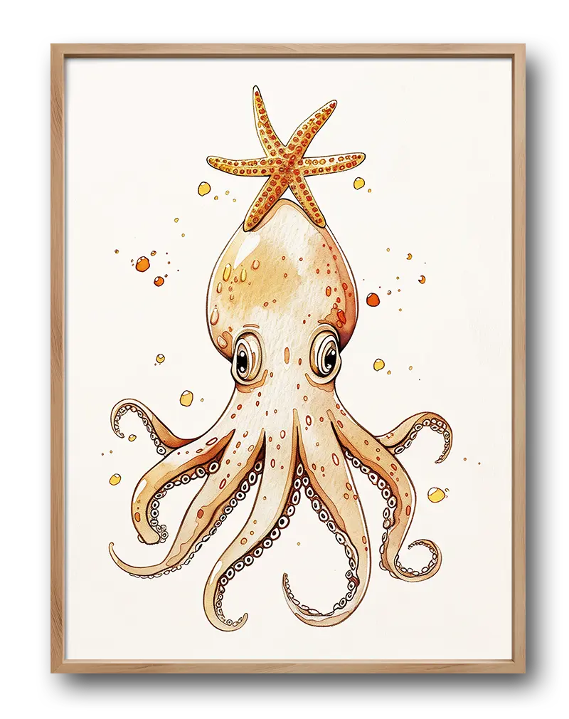 A whimsical illustration of a cute octopus with a starfish on its head, surrounded by playful bubbles. This charming wall art is ideal for a fun and lively atmosphere, especially in kids' rooms or nautical-themed spaces