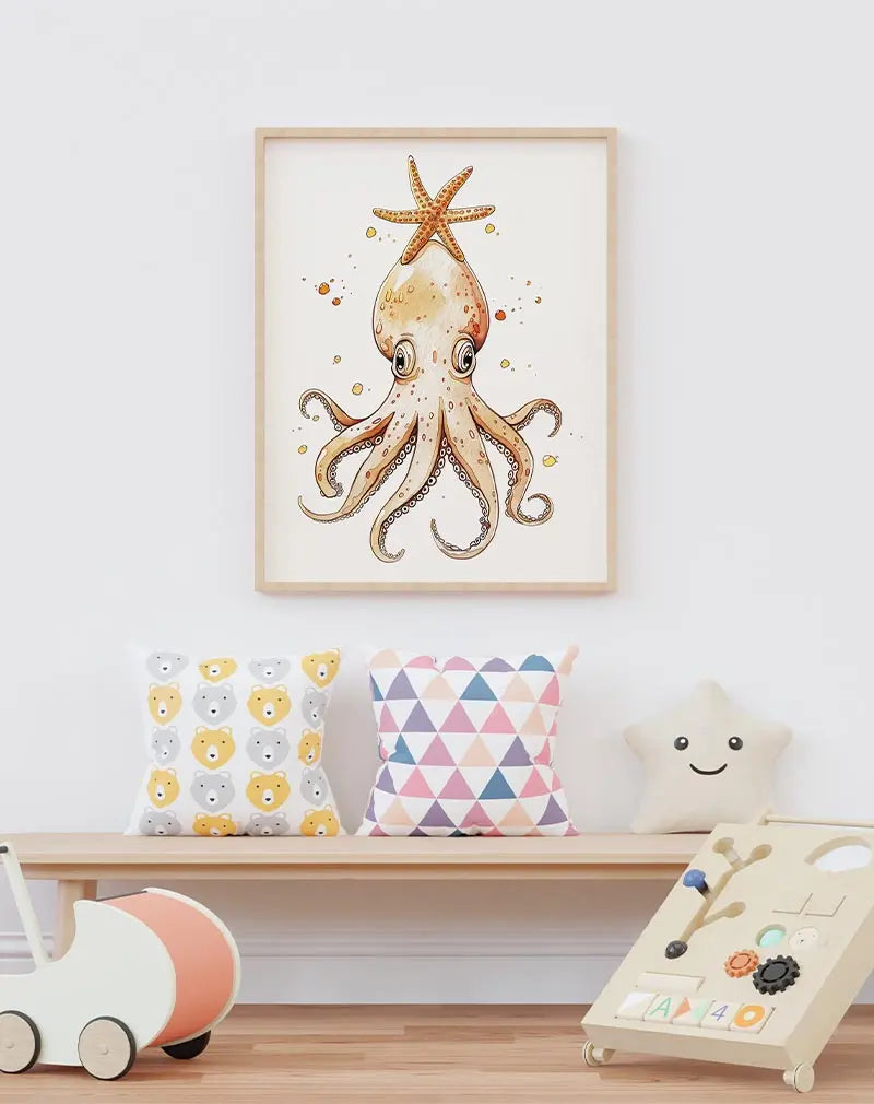 A whimsical illustration of a cute octopus with a starfish on its head, surrounded by playful bubbles. This charming wall art is ideal for a fun and lively atmosphere, especially in kids' rooms or nautical-themed spaces