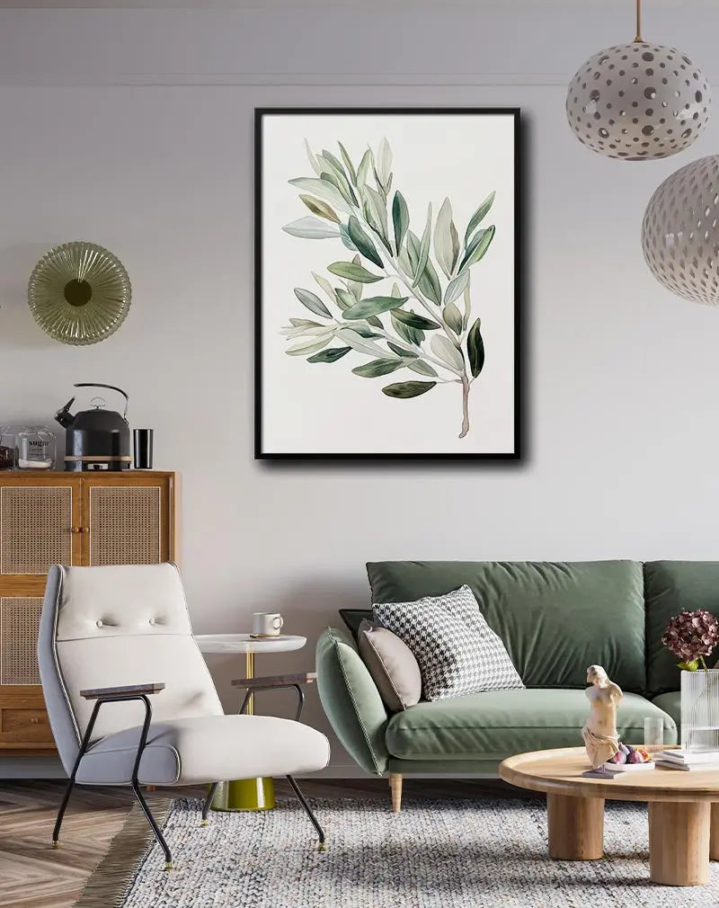 A delicate watercolor illustration of an olive branch with soft green leaves. Perfect wall art for bringing a touch of nature and tranquility into your living space, ideal for minimalist and botanical-themed decor