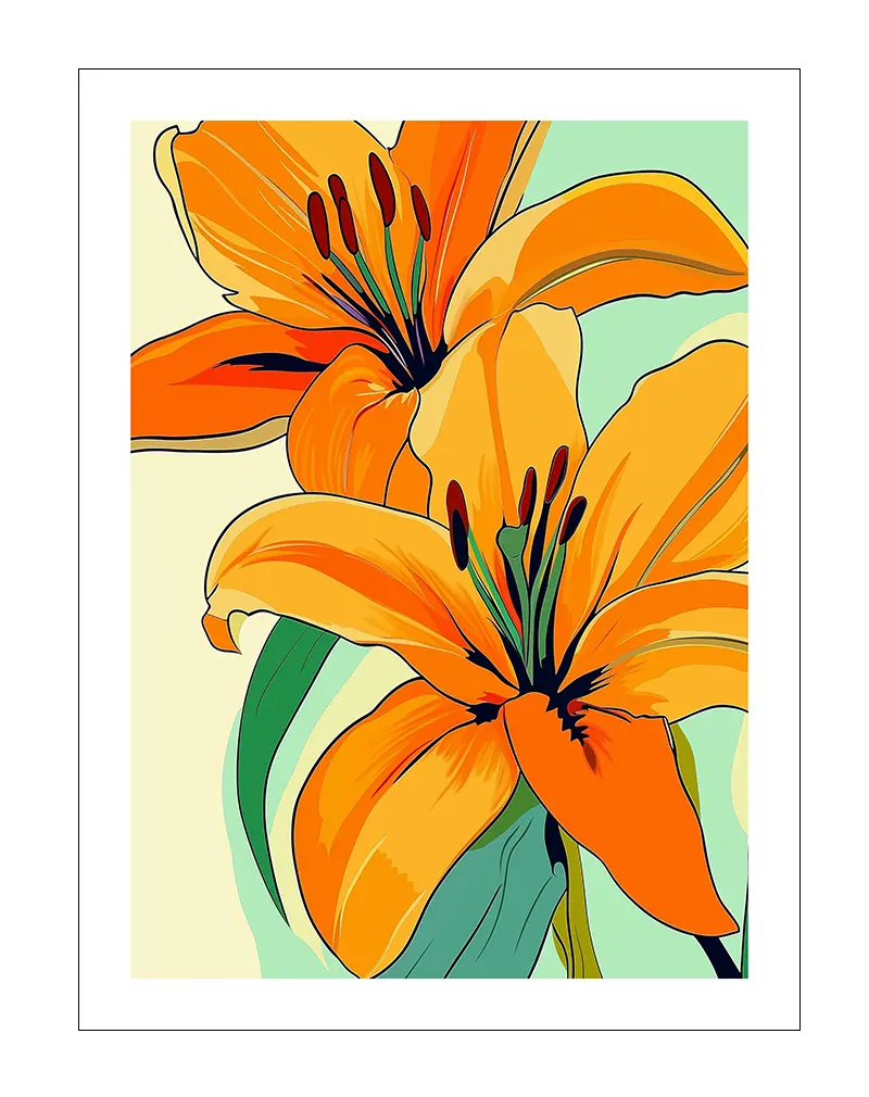 A colorful illustration of bright orange lilies with green stems, capturing the essence of nature's beauty.