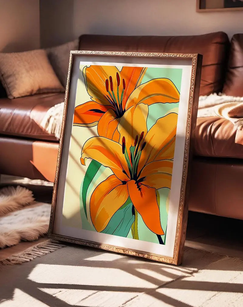 A colorful illustration of bright orange lilies with green stems, capturing the essence of nature's beauty.