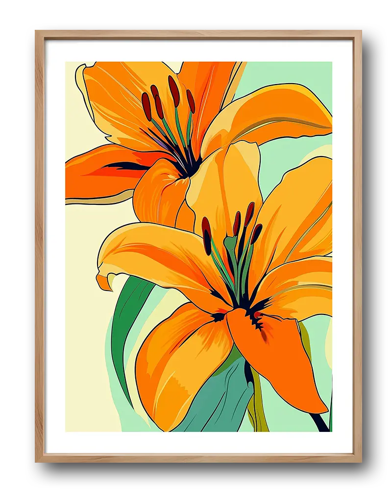 A colorful illustration of bright orange lilies with green stems, capturing the essence of nature's beauty.