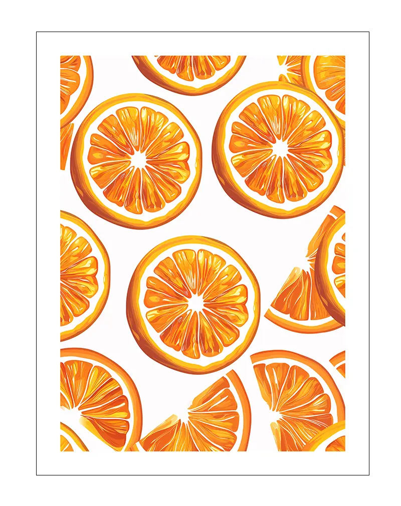 A vibrant illustration of fresh orange slices arranged in a playful pattern. Perfect wall art for adding a burst of color and energy to kitchens or dining areas, this poster brings a refreshing and cheerful vibe to any space