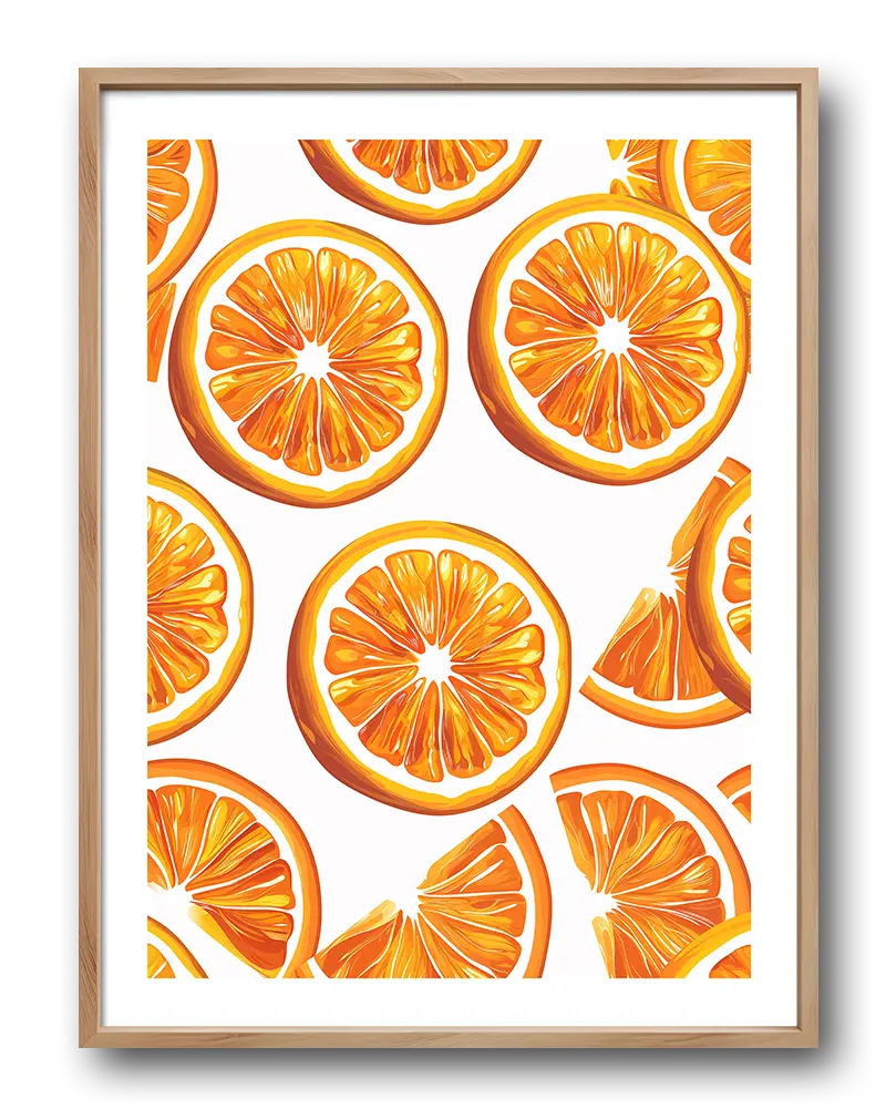 A vibrant illustration of fresh orange slices arranged in a playful pattern. Perfect wall art for adding a burst of color and energy to kitchens or dining areas, this poster brings a refreshing and cheerful vibe to any space