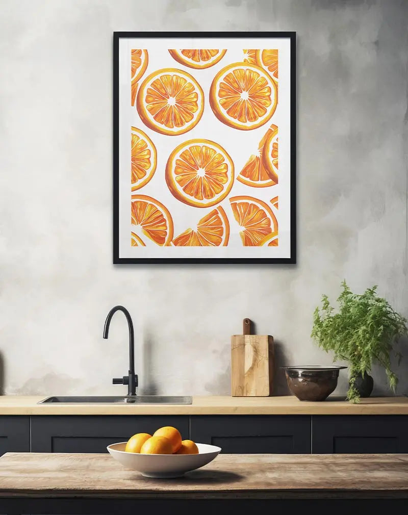 A vibrant illustration of fresh orange slices arranged in a playful pattern. Perfect wall art for adding a burst of color and energy to kitchens or dining areas, this poster brings a refreshing and cheerful vibe to any space