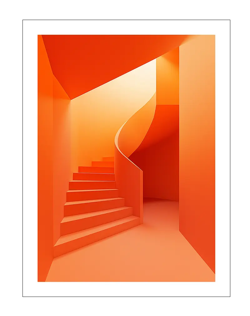 A striking illustration of a modern orange spiral staircase bathed in warm light. Perfect wall art for contemporary interiors, this poster adds a sense of architectural elegance and vibrant energy to any space