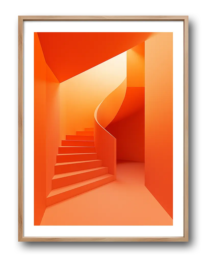 A striking illustration of a modern orange spiral staircase bathed in warm light. Perfect wall art for contemporary interiors, this poster adds a sense of architectural elegance and vibrant energy to any space