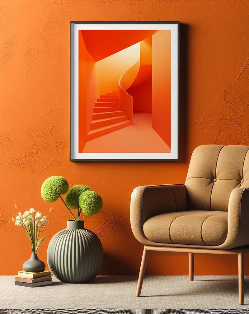 A striking illustration of a modern orange spiral staircase bathed in warm light. Perfect wall art for contemporary interiors, this poster adds a sense of architectural elegance and vibrant energy to any space