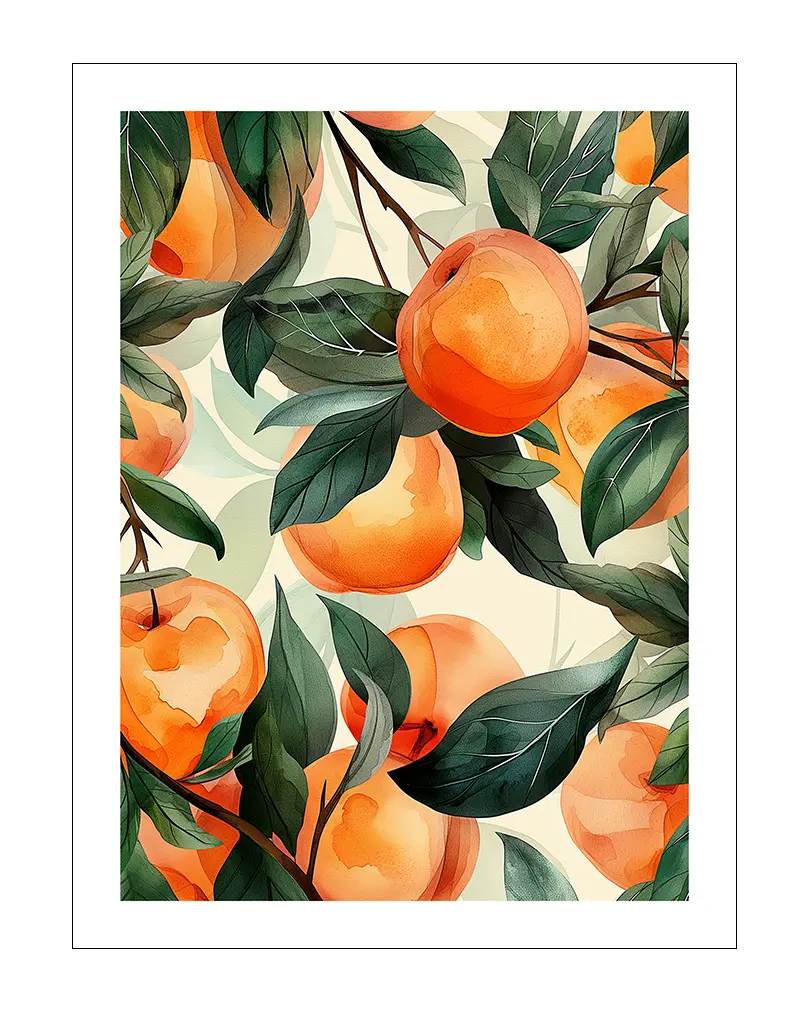 A beautiful illustration of ripe peaches surrounded by lush green leaves. Perfect wall art for adding a fresh and natural vibe to your space. This vibrant poster brings the warmth of summer indoors