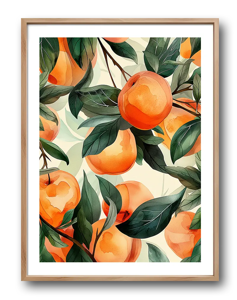 A beautiful illustration of ripe peaches surrounded by lush green leaves. Perfect wall art for adding a fresh and natural vibe to your space. This vibrant poster brings the warmth of summer indoors