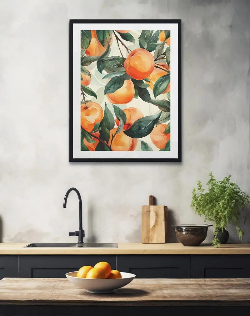 A beautiful illustration of ripe peaches surrounded by lush green leaves. Perfect wall art for adding a fresh and natural vibe to your space. This vibrant poster brings the warmth of summer indoors