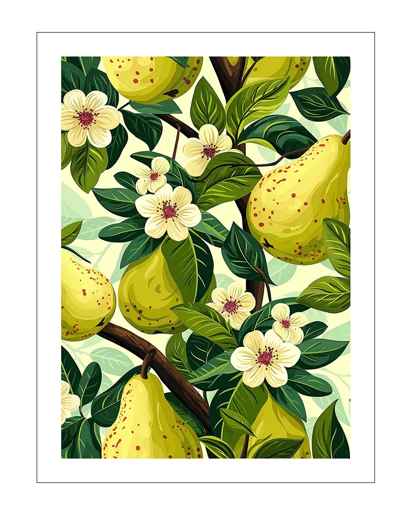 A vibrant illustration of ripe pears hanging on branches with white flowers. Perfect wall art for bringing a fresh and natural touch to your kitchen or dining room. This poster adds a cheerful and organic vibe to any space