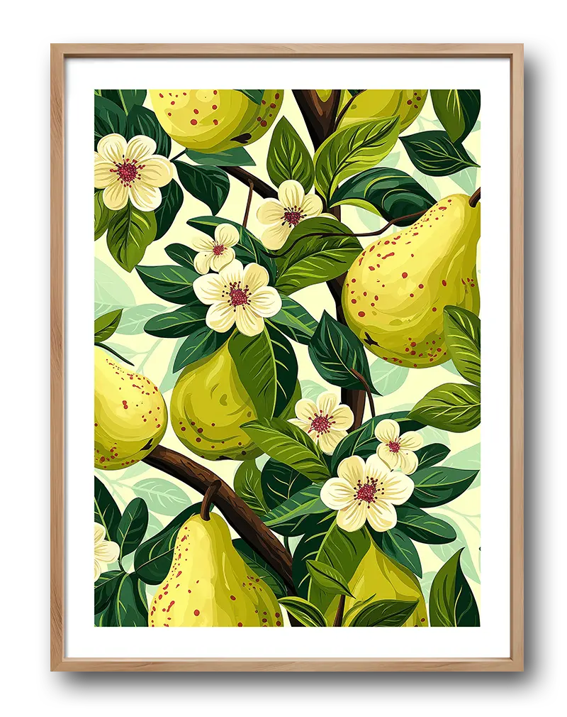 A vibrant illustration of ripe pears hanging on branches with white flowers. Perfect wall art for bringing a fresh and natural touch to your kitchen or dining room. This poster adds a cheerful and organic vibe to any space