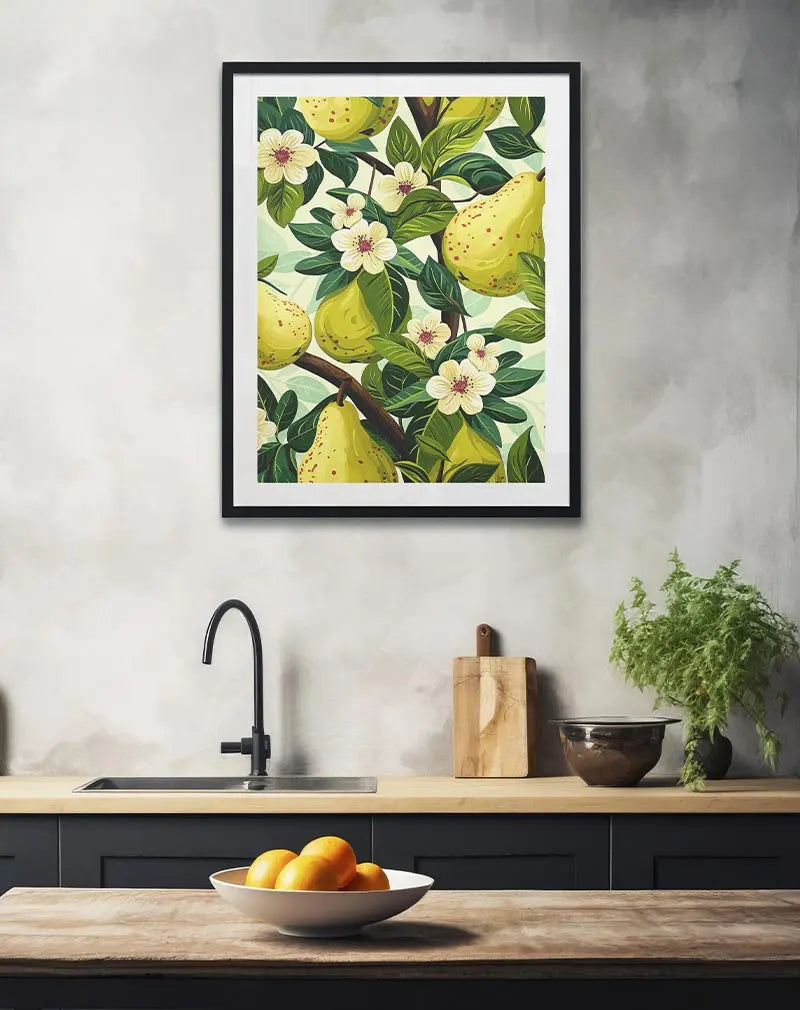 A vibrant illustration of ripe pears hanging on branches with white flowers. Perfect wall art for bringing a fresh and natural touch to your kitchen or dining room. This poster adds a cheerful and organic vibe to any space