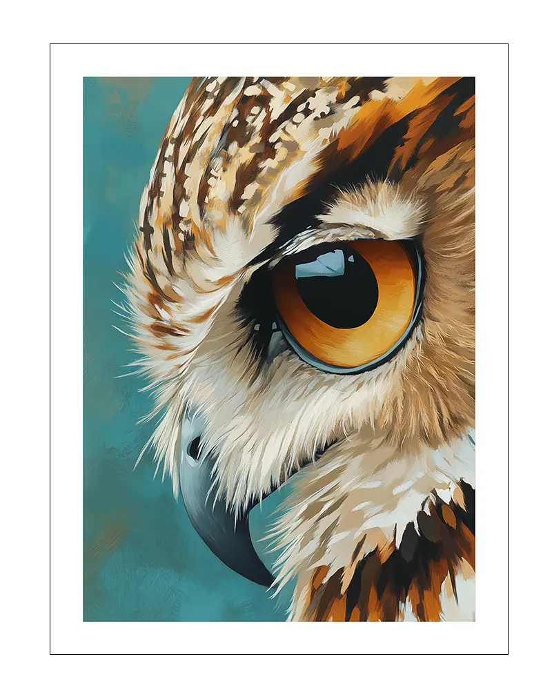 A detailed close-up of a majestic owl with piercing orange eyes set against a teal background. Perfect wall art for adding a touch of nature and elegance to your living space. This poster brings a sense of wisdom and mystery to any room