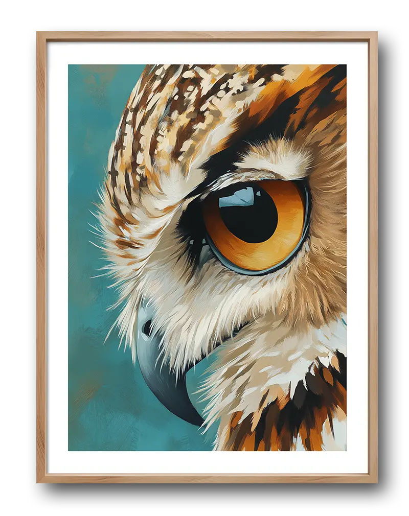 A detailed close-up of a majestic owl with piercing orange eyes set against a teal background. Perfect wall art for adding a touch of nature and elegance to your living space. This poster brings a sense of wisdom and mystery to any room