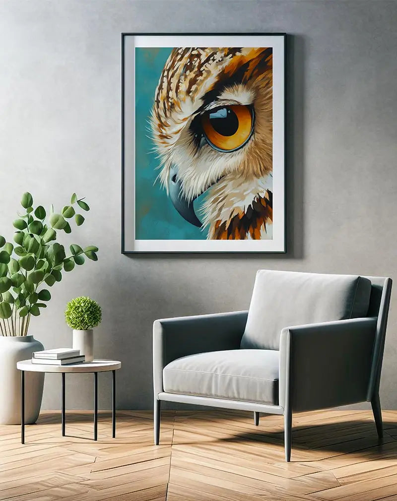 A detailed close-up of a majestic owl with piercing orange eyes set against a teal background. Perfect wall art for adding a touch of nature and elegance to your living space. This poster brings a sense of wisdom and mystery to any room