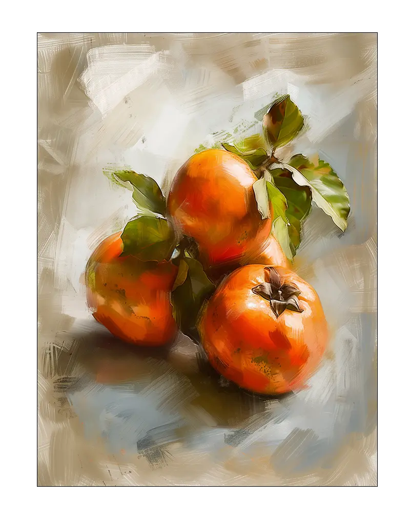 A vibrant still life painting of ripe persimmons with green leaves against a textured background. Perfect wall art for kitchen or dining areas, adding a touch of warmth and freshness to your space with this beautiful fruit illustration