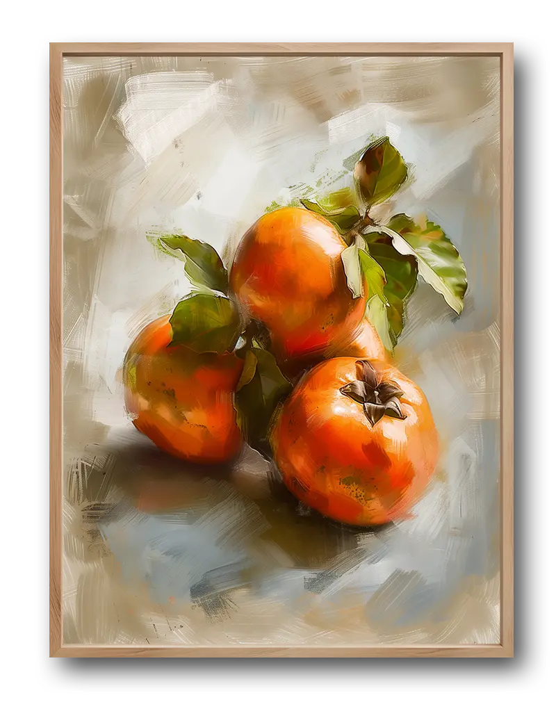 A vibrant still life painting of ripe persimmons with green leaves against a textured background. Perfect wall art for kitchen or dining areas, adding a touch of warmth and freshness to your space with this beautiful fruit illustration