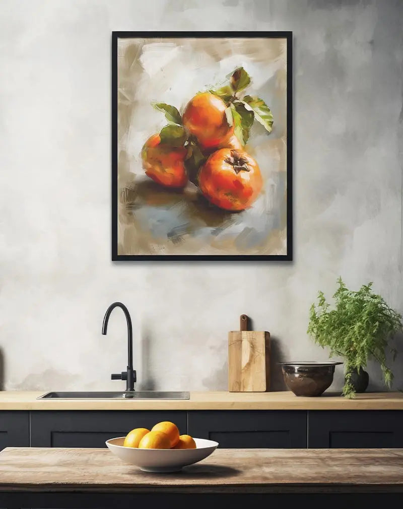 A vibrant still life painting of ripe persimmons with green leaves against a textured background. Perfect wall art for kitchen or dining areas, adding a touch of warmth and freshness to your space with this beautiful fruit illustration