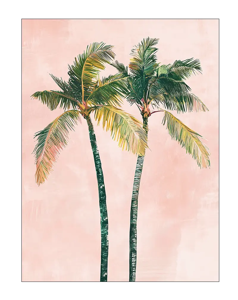 A tropical illustration featuring two palm trees set against a soft pink background. This vibrant wall art poster brings a serene island vibe to any interior, perfect for creating a relaxing, beach-inspired atmosphere in your home decor